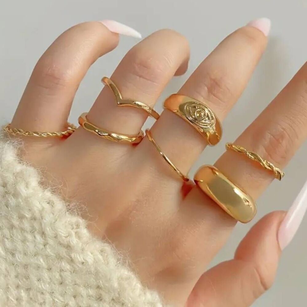 7pcs Set Y2k Style Gold Stacking Rings V Shape/ Chunky Band/ Intertwine Design